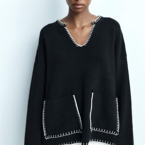Zara Black V-Neck Sweater with White Trim